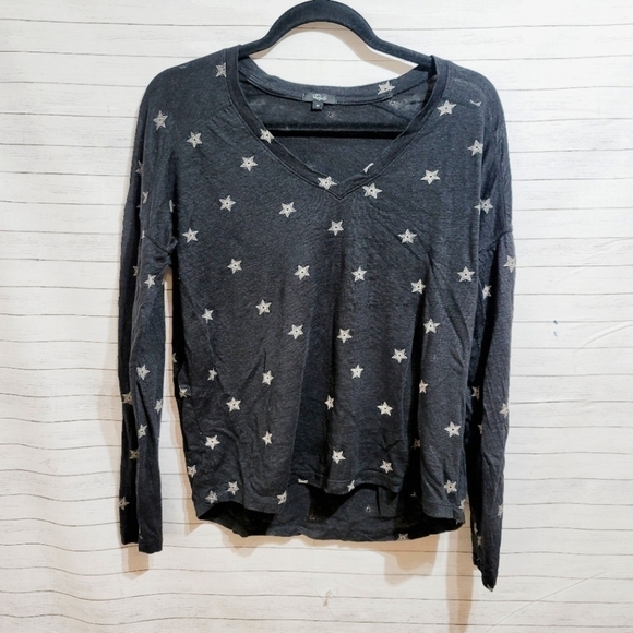 RAILS SAMI BLACK RIVET STAR LONG SLEEVE 70% LINEN TEE, SZ MEDIUM - Picture 1 of 11